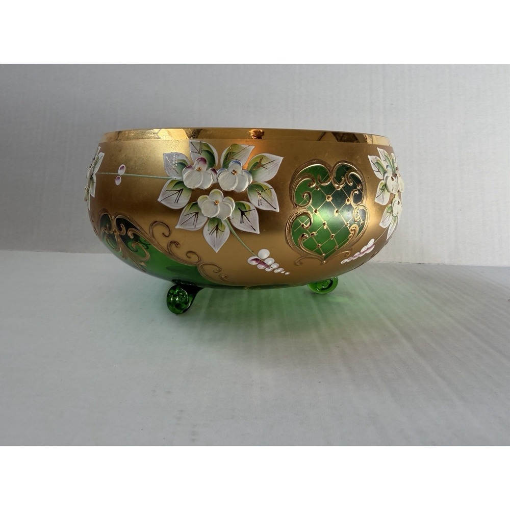 Czech Bohemian Gilded Gold Green Glass Bowl - Picture 2 of 12